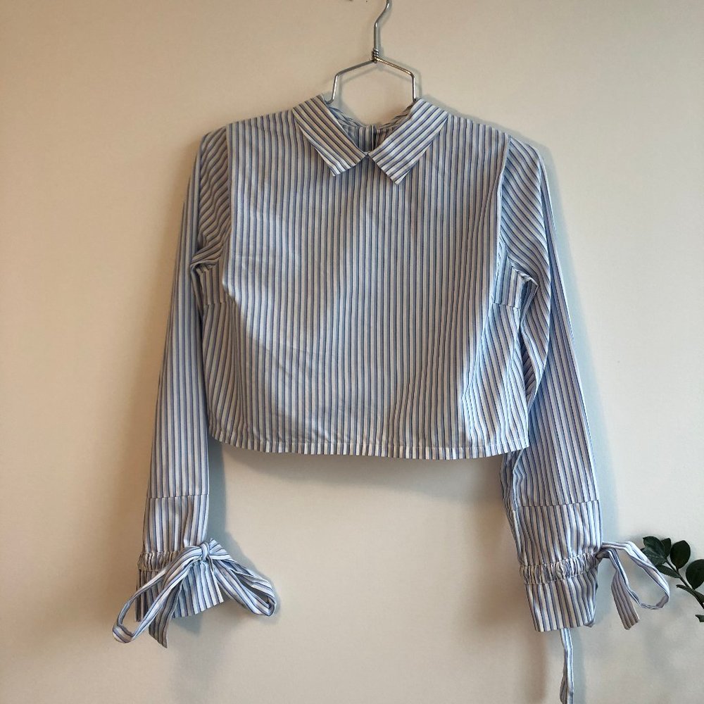 Zara Button Striped Blouse with Tied Sleeves